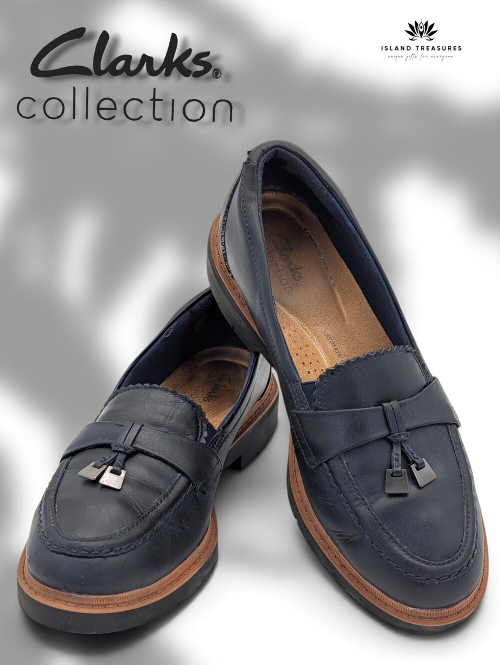 Clarks Collection Sz 7M Westlynn Bella Navy Leather Tassel Loafer Lug Sole Comfy